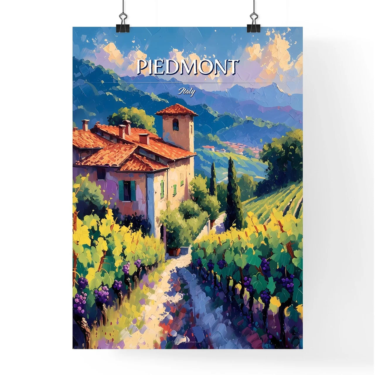 Piedmont, Italy - Art print of a painting of a house in a vineyard Poster