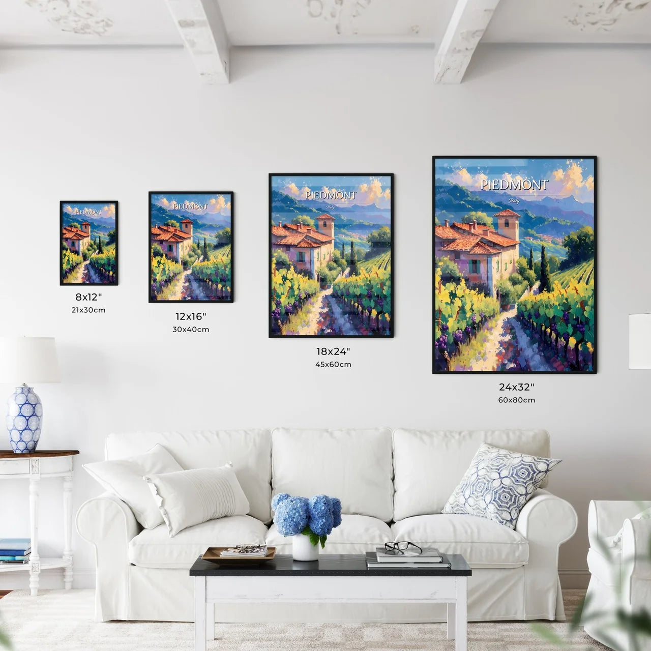 Piedmont, Italy - Art print of a painting of a house in a vineyard Size Chart