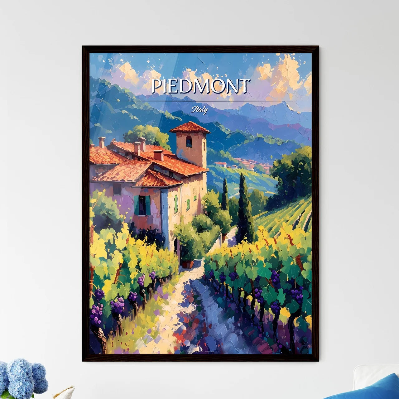 Piedmont, Italy - Art print of a painting of a house in a vineyard Framed Art