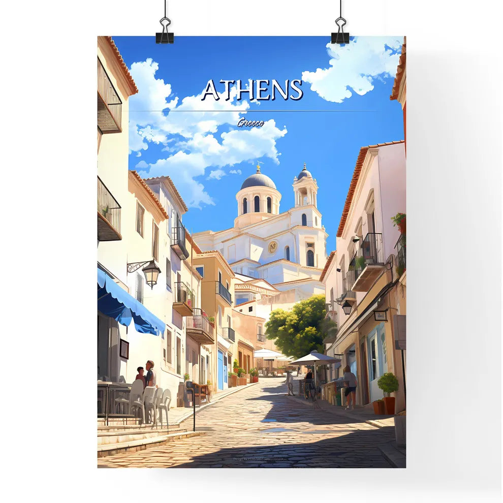 Athens, Greece - Art print of a street with people and buildings Poster