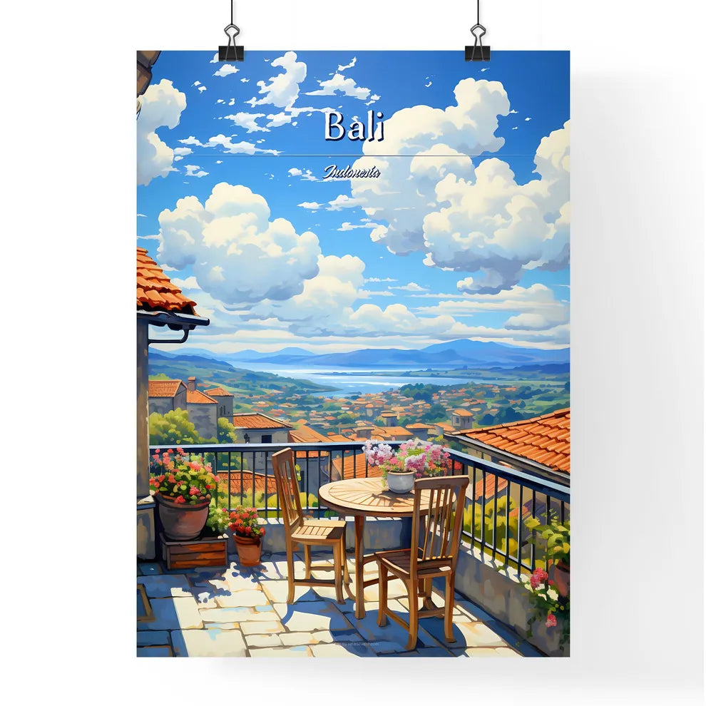 On the roofs of Bali, Indonesia - Art print of a table and chairs on a balcony overlooking a valley Poster