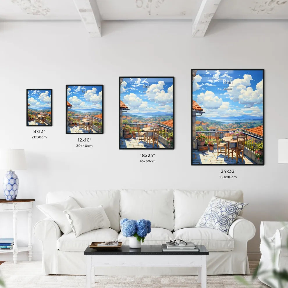 On the roofs of Bali, Indonesia - Art print of a table and chairs on a balcony overlooking a valley Size Chart