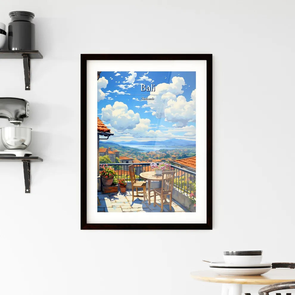 On the roofs of Bali, Indonesia - Art print of a table and chairs on a balcony overlooking a valley Custom Print