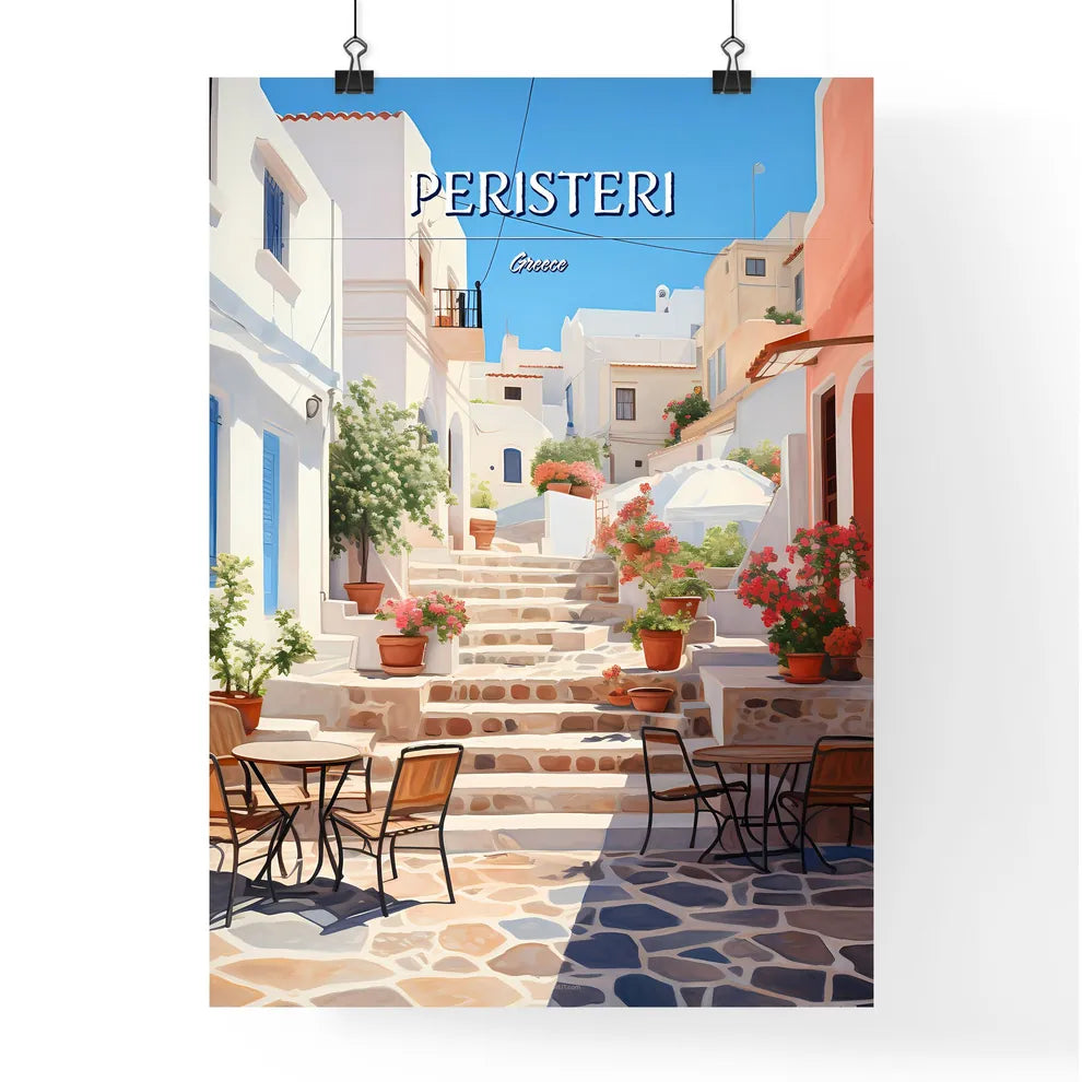 Peristeri, Greece - Art print of a set of stairs with tables and chairs in front of a building Poster