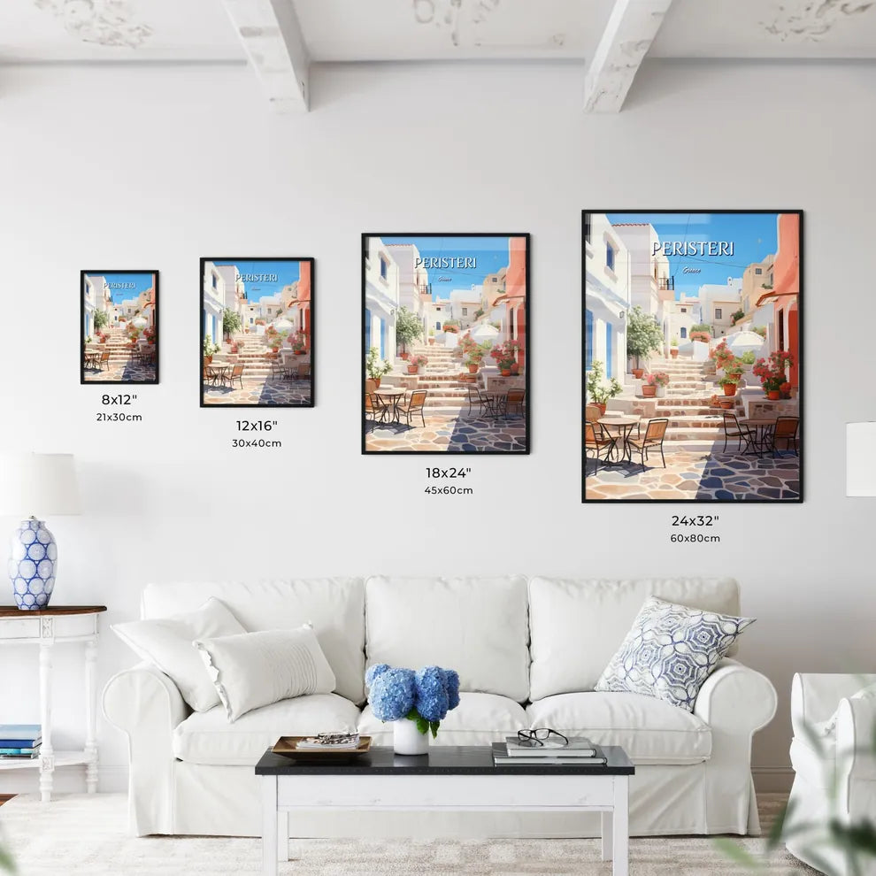 Peristeri, Greece - Art print of a set of stairs with tables and chairs in front of a building Size Chart