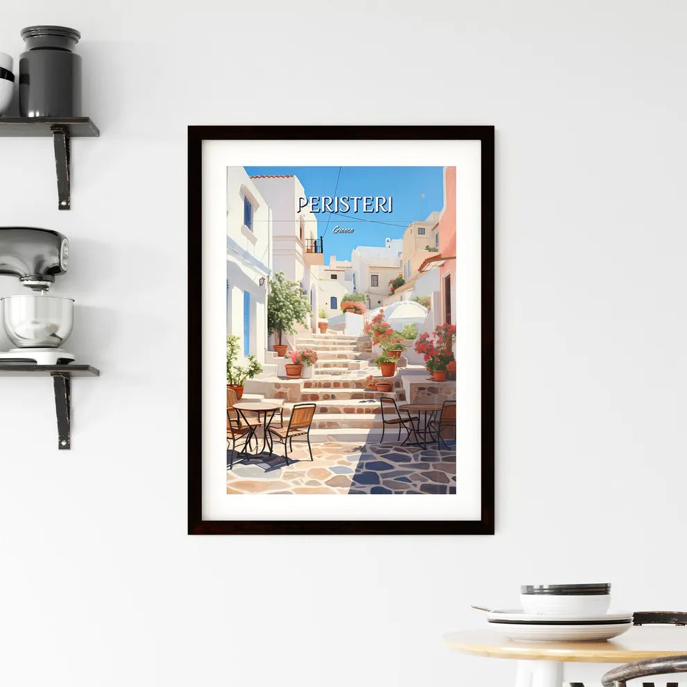 Peristeri, Greece - Art print of a set of stairs with tables and chairs in front of a building Custom Print