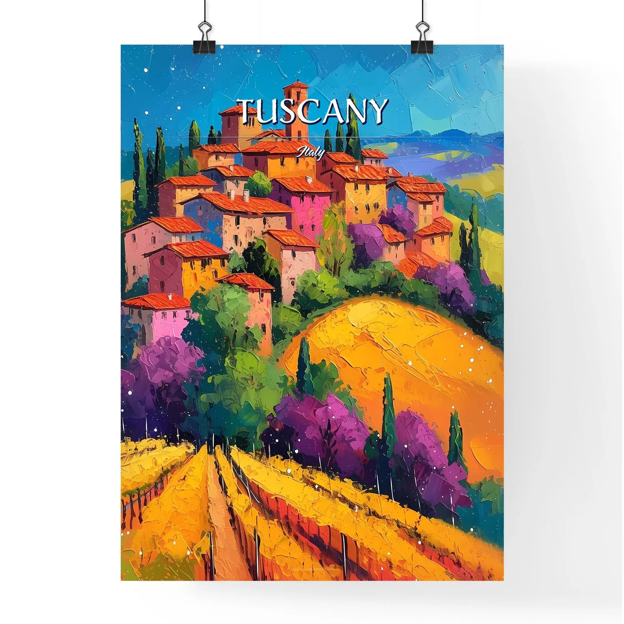 Tuscany, Italy - Art print of a painting of a town on a hill Poster