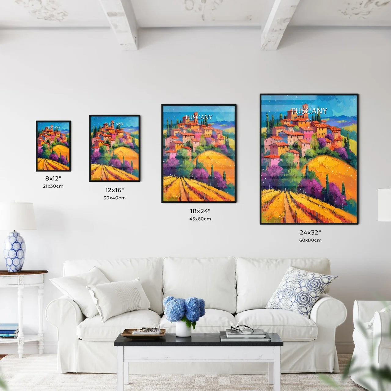 Tuscany, Italy - Art print of a painting of a town on a hill Size Chart