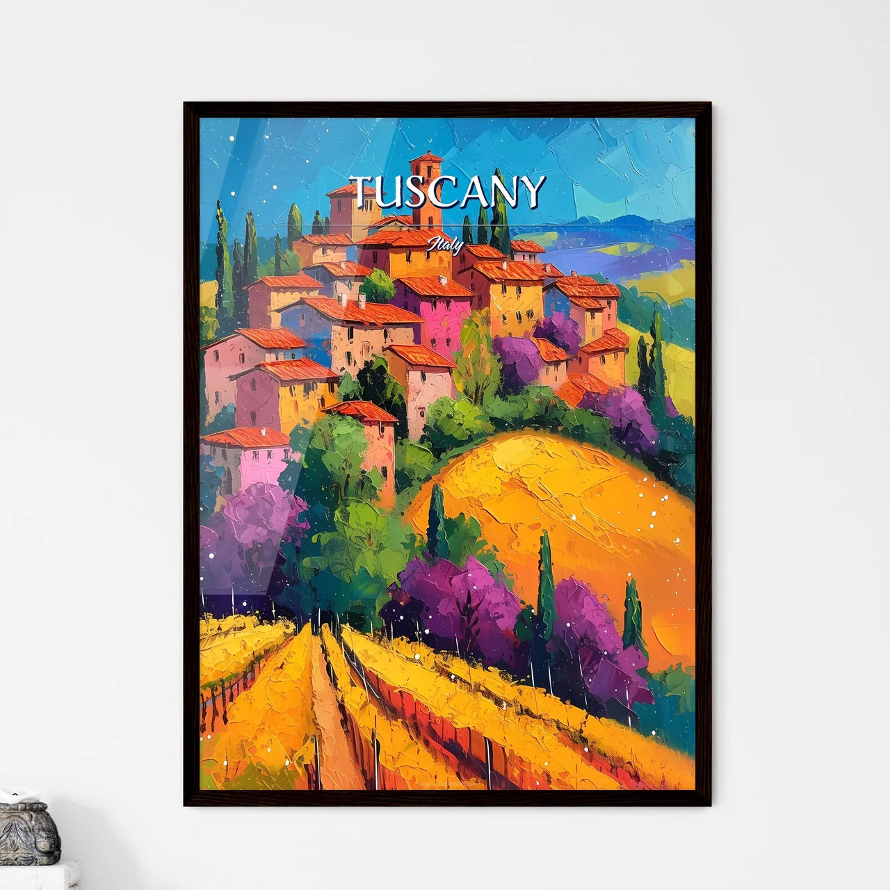 Tuscany, Italy - Art print of a painting of a town on a hill Framed Art