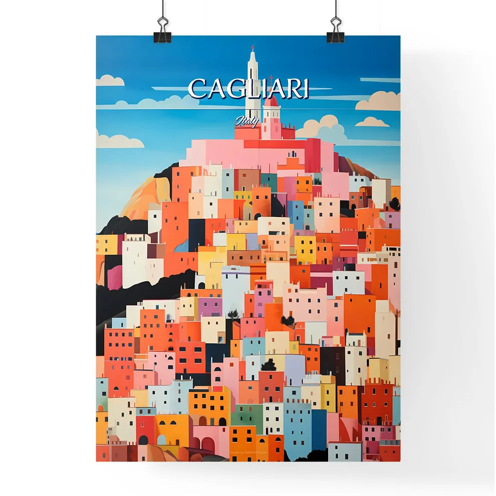 Cagliari, Italy - Art print of a painting of a city on a hill Poster