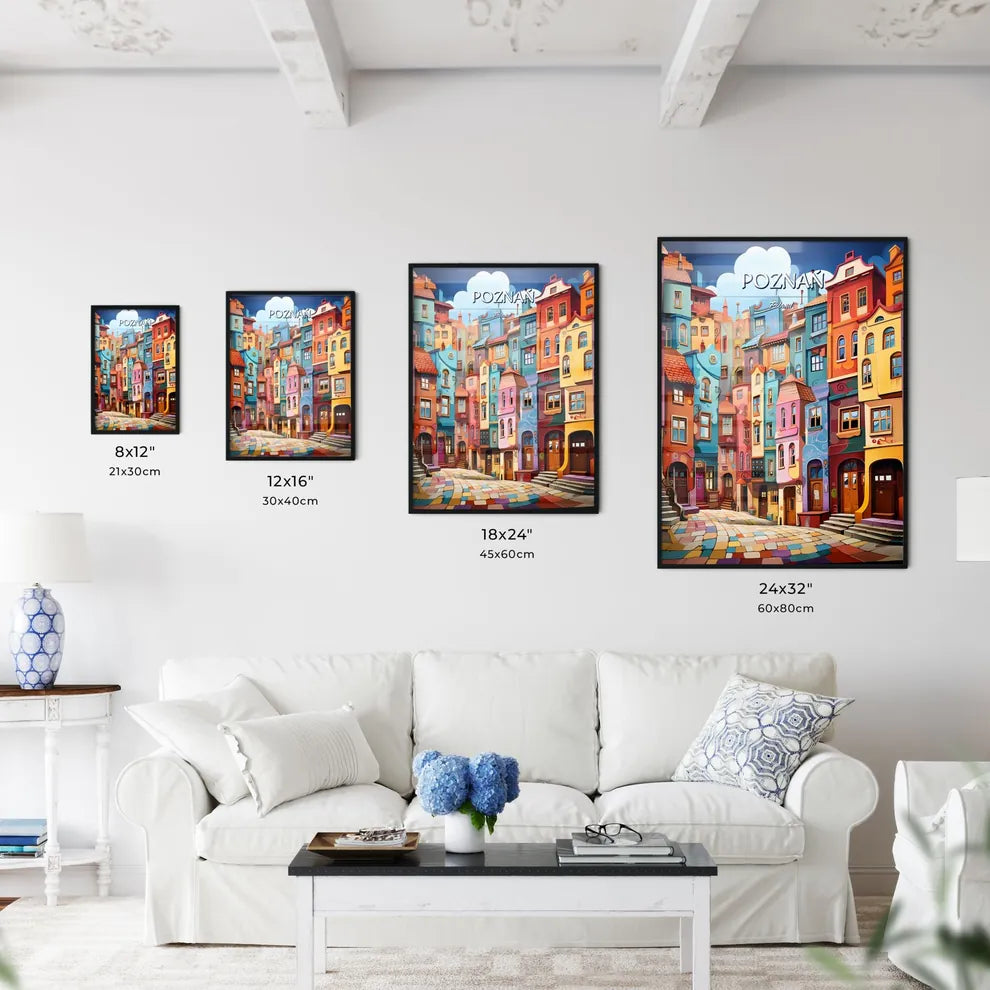 Poznań, Poland - Art print of a colorful buildings in a city Size Chart