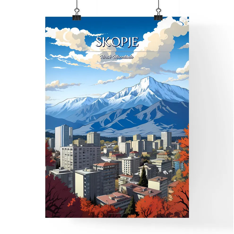 Skopje, North Macedonia - Art print of a city with mountains in the background Poster