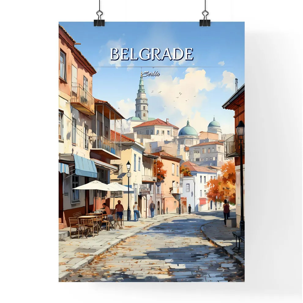 Belgrade, Serbia - Art print of a street with tables and chairs and buildings in the background Poster