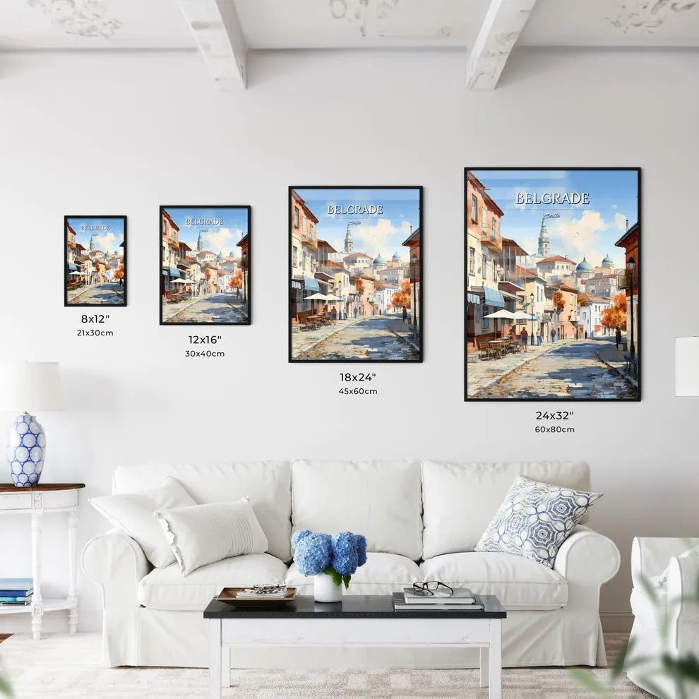 Belgrade, Serbia - Art print of a street with tables and chairs and buildings in the background Size Chart