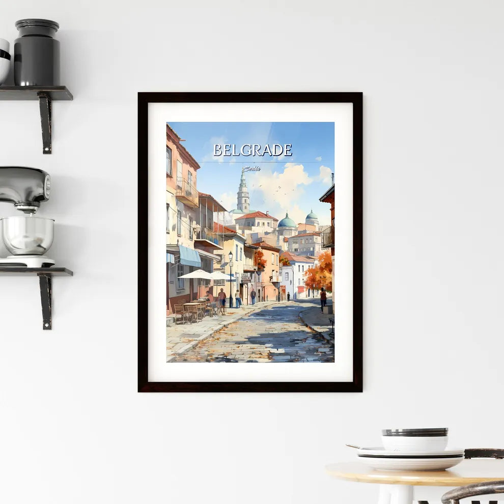 Belgrade, Serbia - Art print of a street with tables and chairs and buildings in the background Custom Print