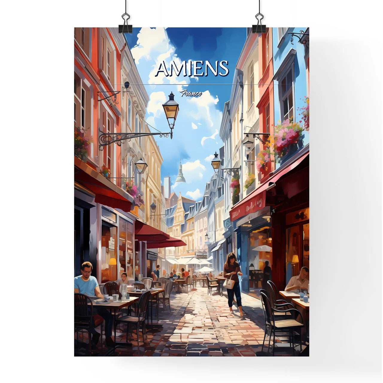 Amiens, France - Art print of a street with tables and chairs in a city Poster