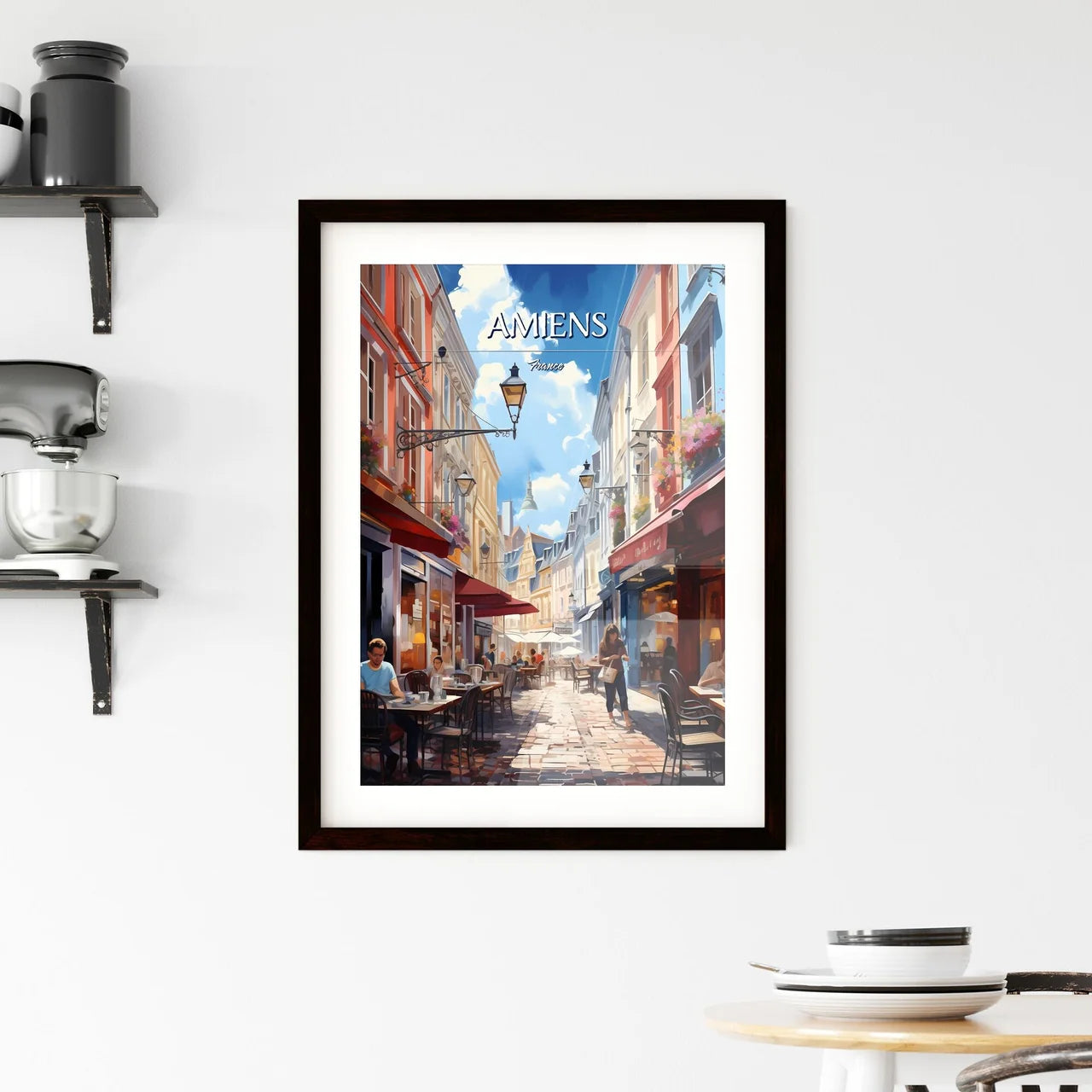 Amiens, France - Art print of a street with tables and chairs in a city Custom Print