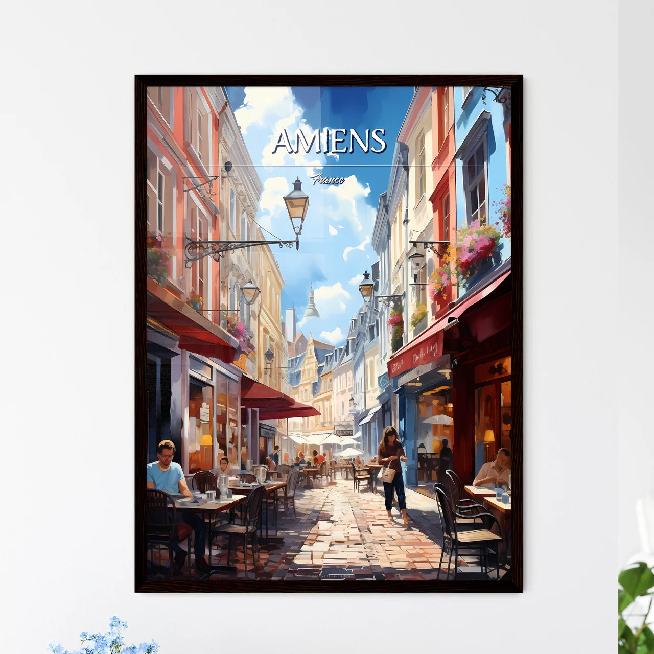 Amiens, France - Art print of a street with tables and chairs in a city Framed Art