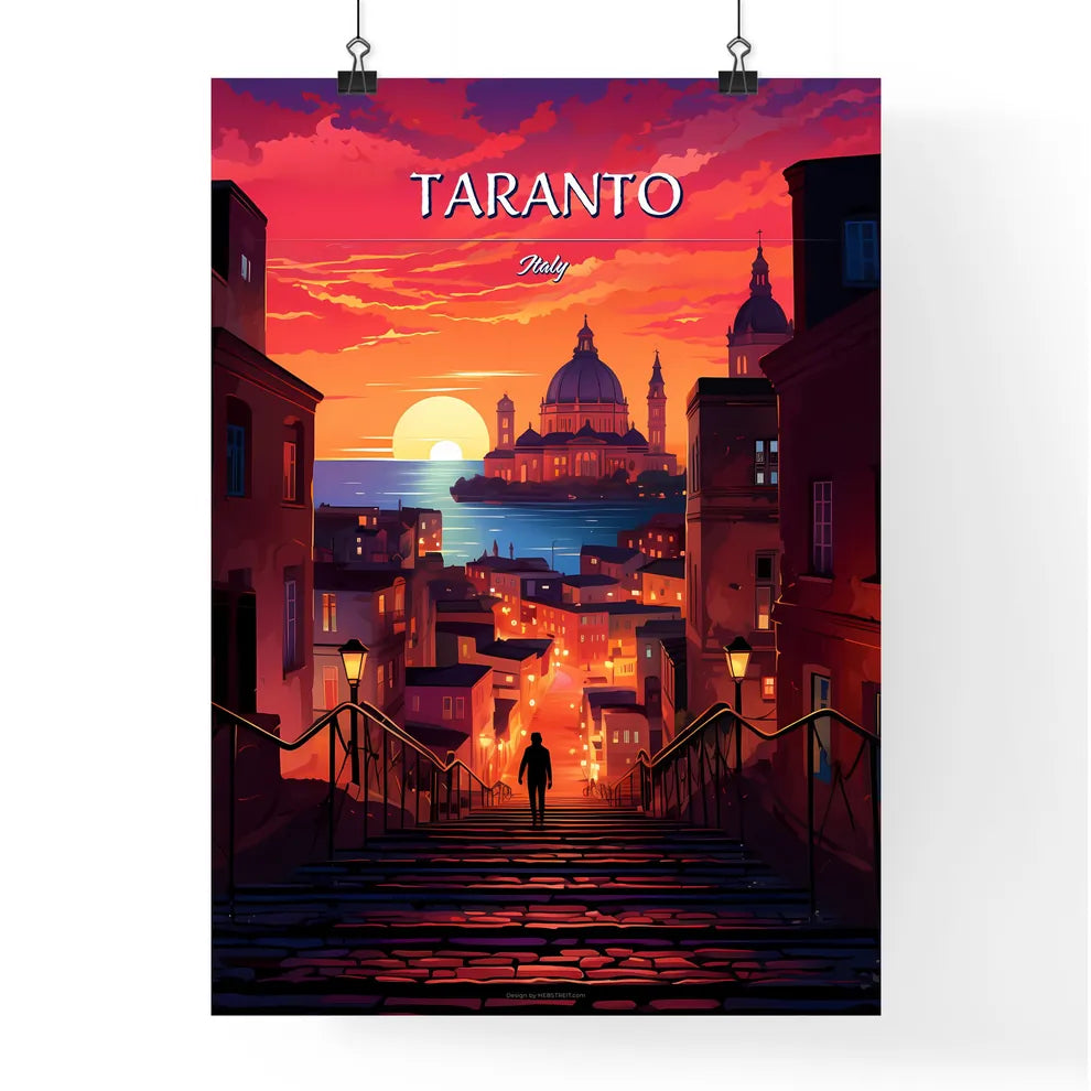 Taranto, Italy - Art print of a person walking up stairs in a city Poster