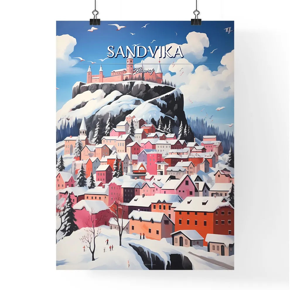 Sandvika, Norway - Art print of a painting of a town on a mountain Poster