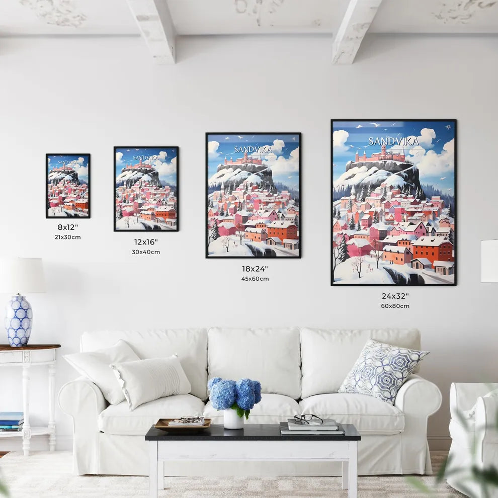 Sandvika, Norway - Art print of a painting of a town on a mountain Size Chart