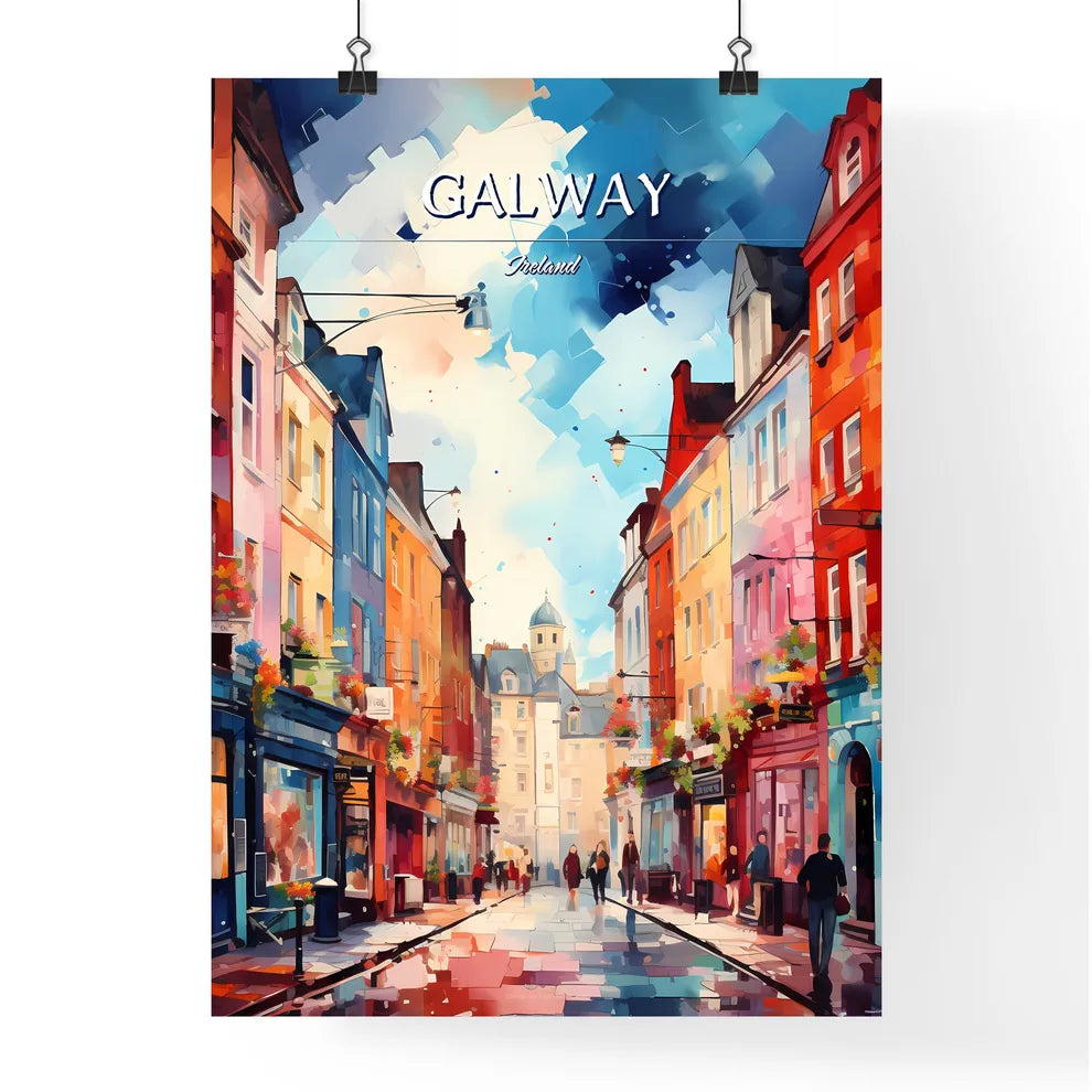 Galway, Ireland - Art print of a street with buildings and people walking Poster
