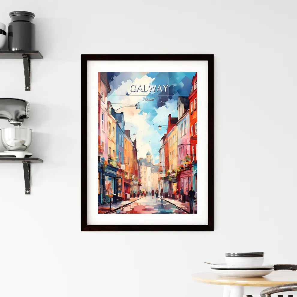 Galway, Ireland - Art print of a street with buildings and people walking Custom Print