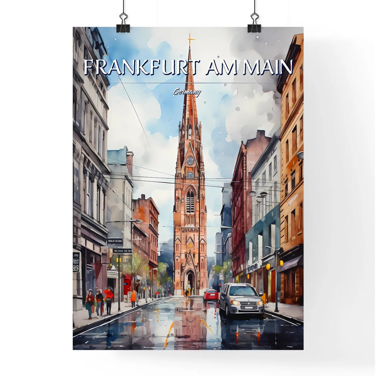 Frankfurt am Main, Germany - Art print of a watercolor of a street with a tall tower and cars Poster