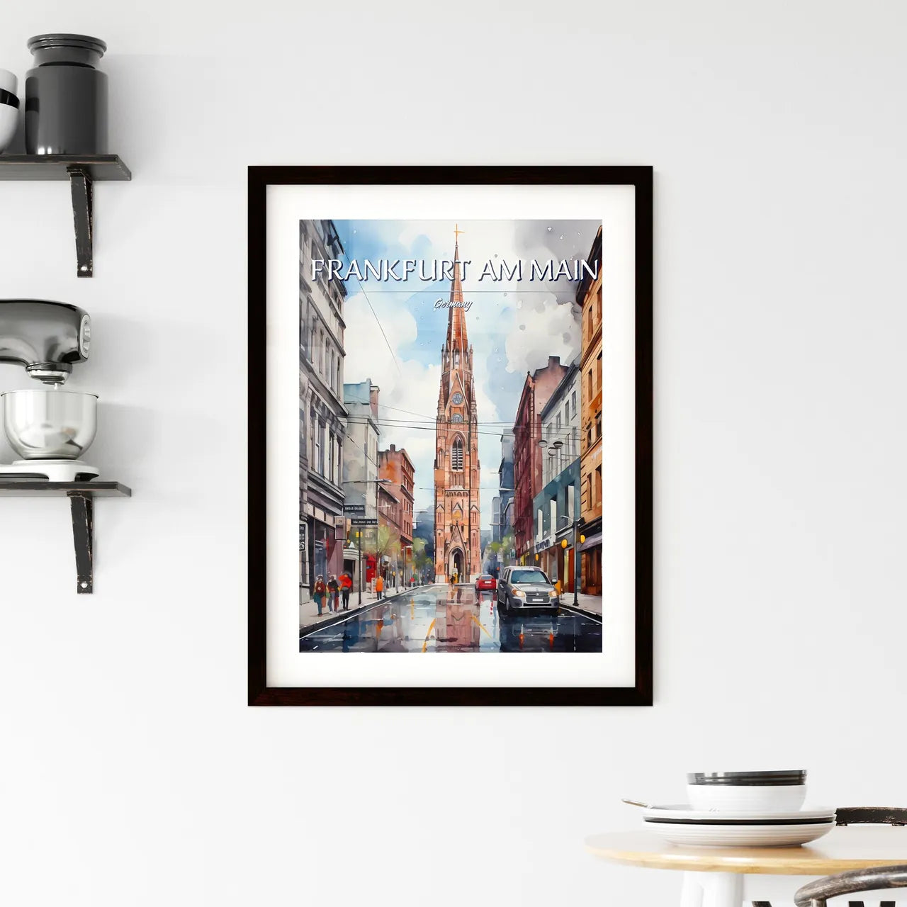 Frankfurt am Main, Germany - Art print of a watercolor of a street with a tall tower and cars Custom Print