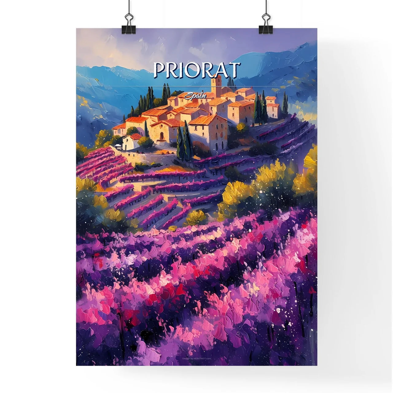 Priorat, Spain - Art print of a painting of a village in a field of purple flowers Poster