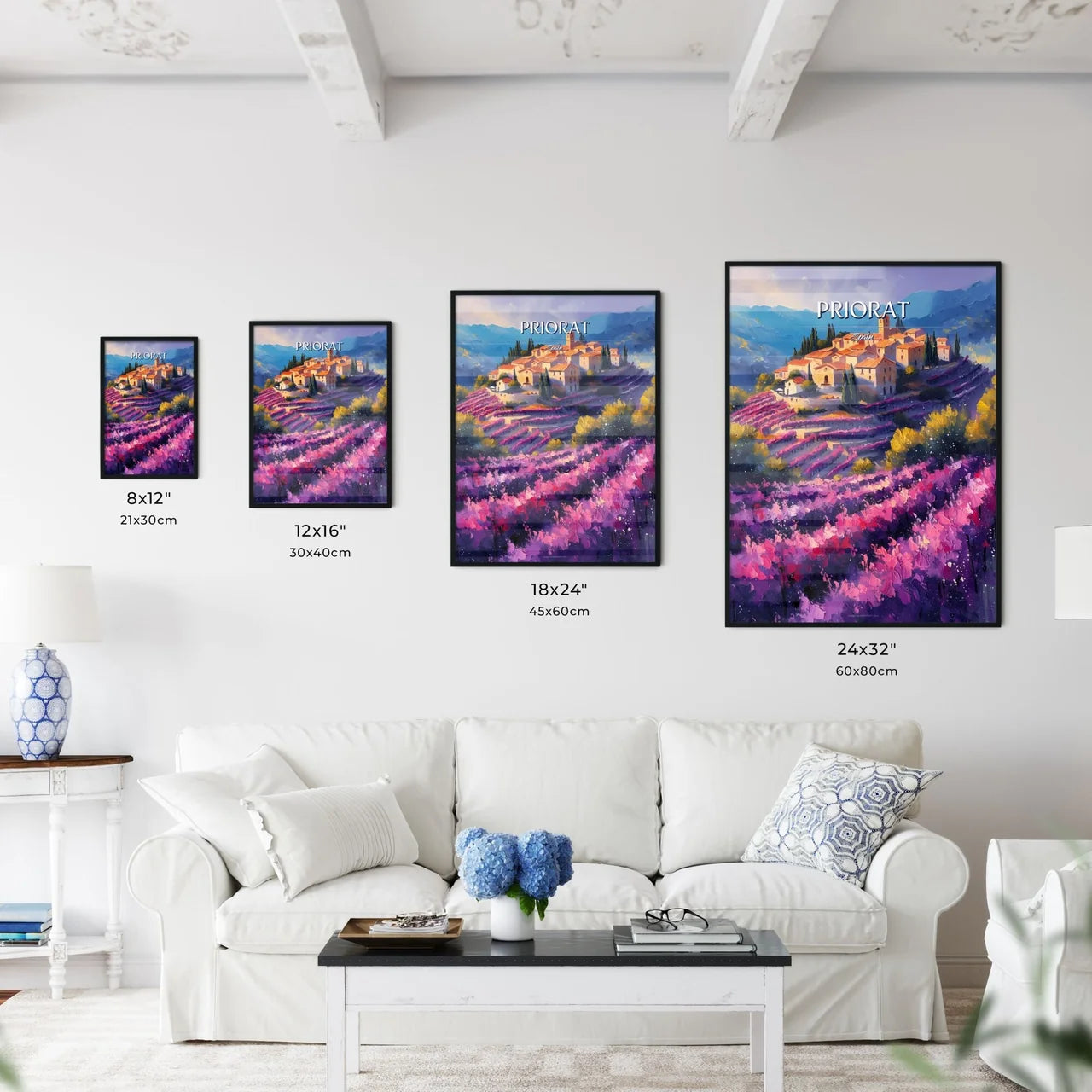 Priorat, Spain - Art print of a painting of a village in a field of purple flowers Size Chart