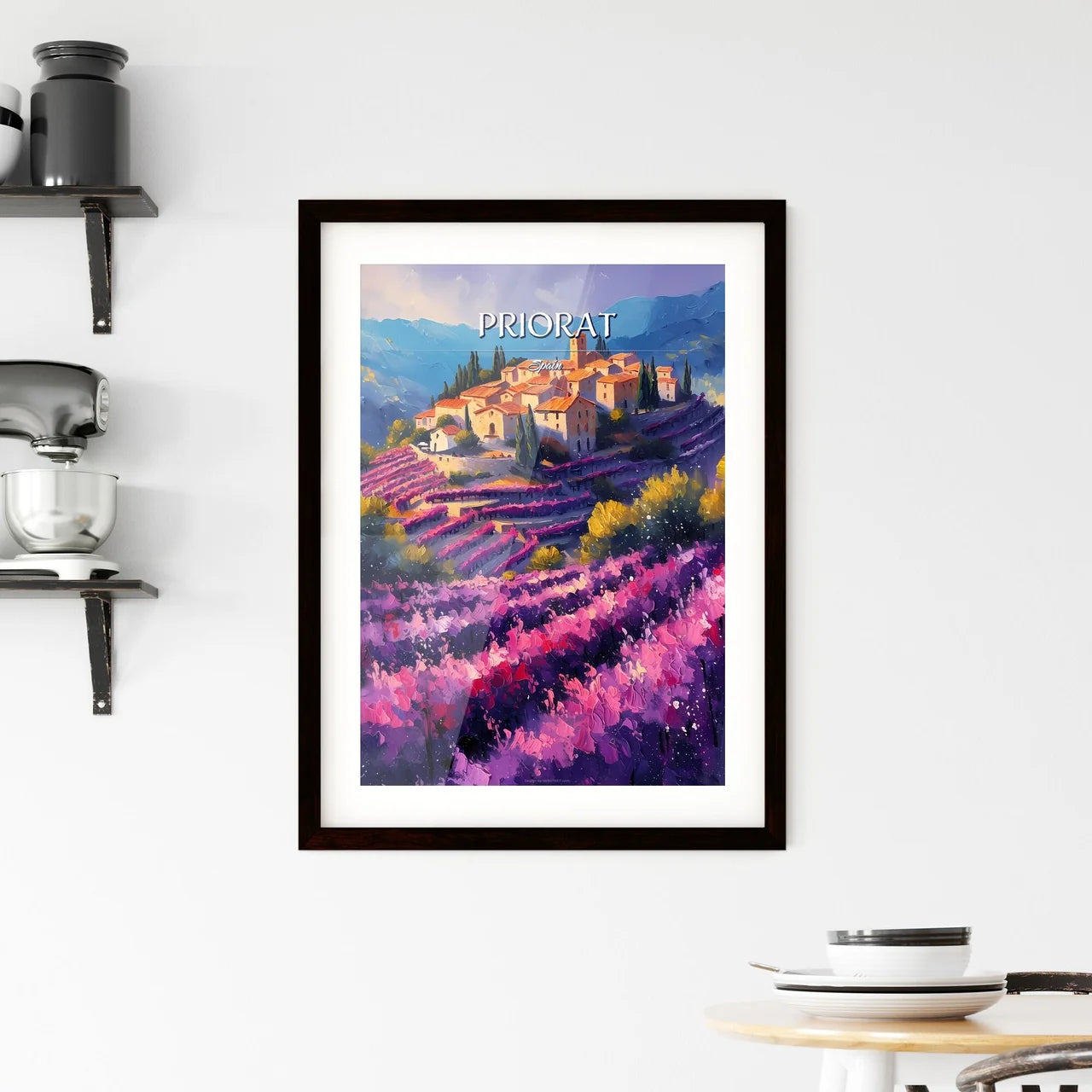 Priorat, Spain - Art print of a painting of a village in a field of purple flowers Custom Print