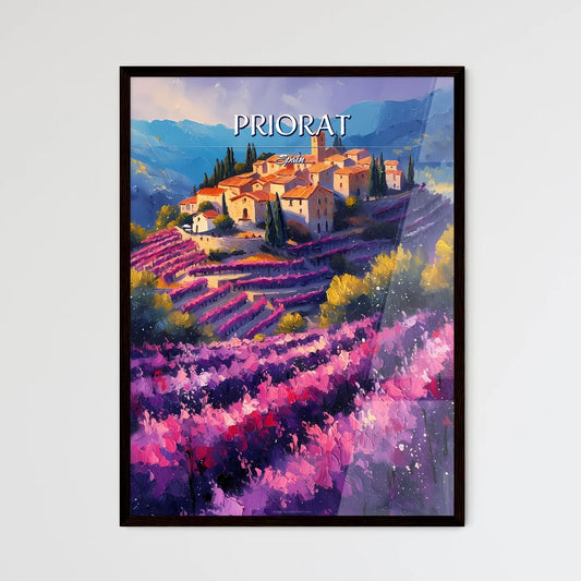 Priorat, Spain - Art print of a painting of a village in a field of purple flowers Framed Art