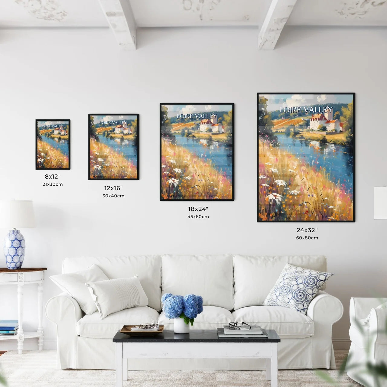Loire Valley, France - Art print of a painting of a house by a river Size Chart