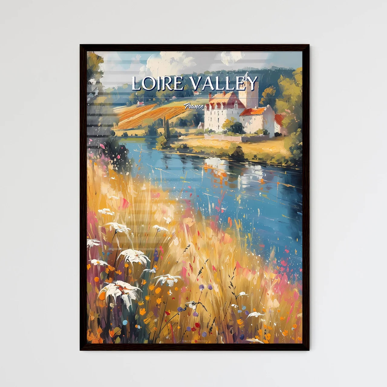 Loire Valley, France - Art print of a painting of a house by a river Framed Art