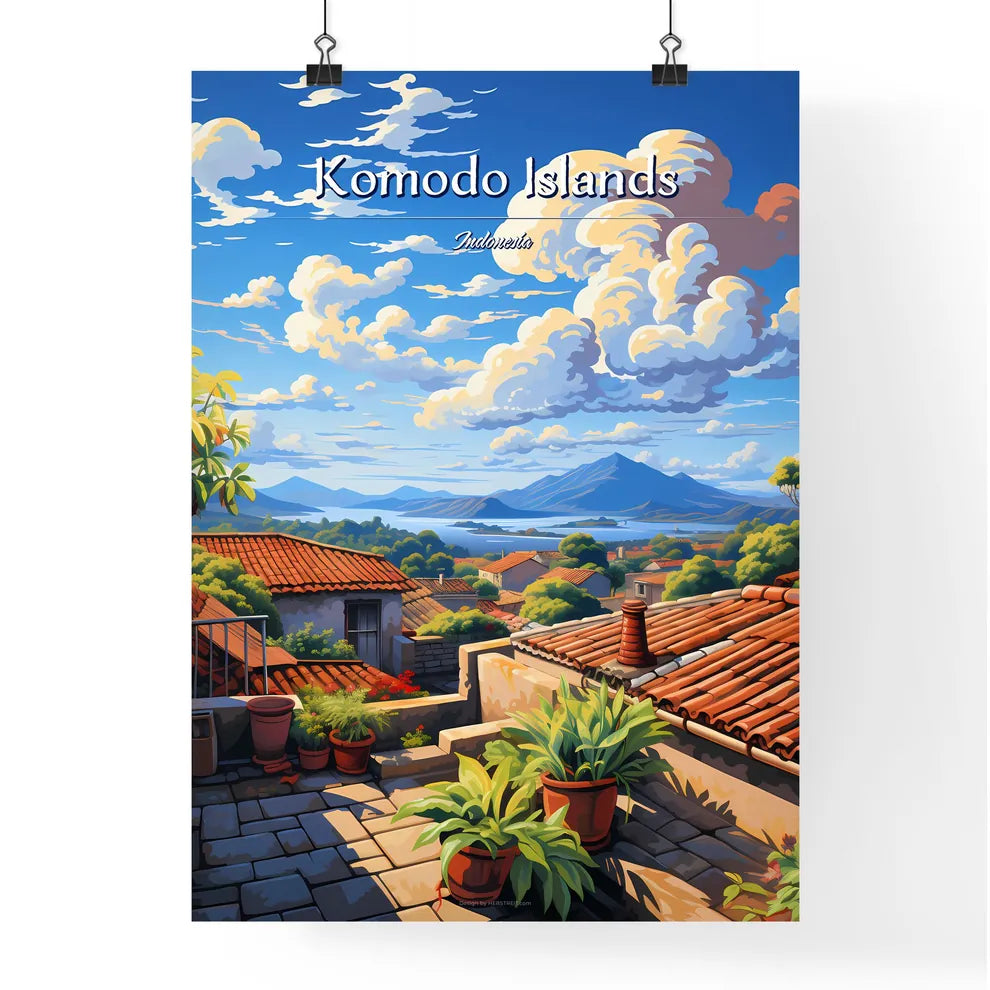 On the roofs of Komodo Islands, Indonesia - Art print of a rooftops of a town with a mountain and a body of water Poster