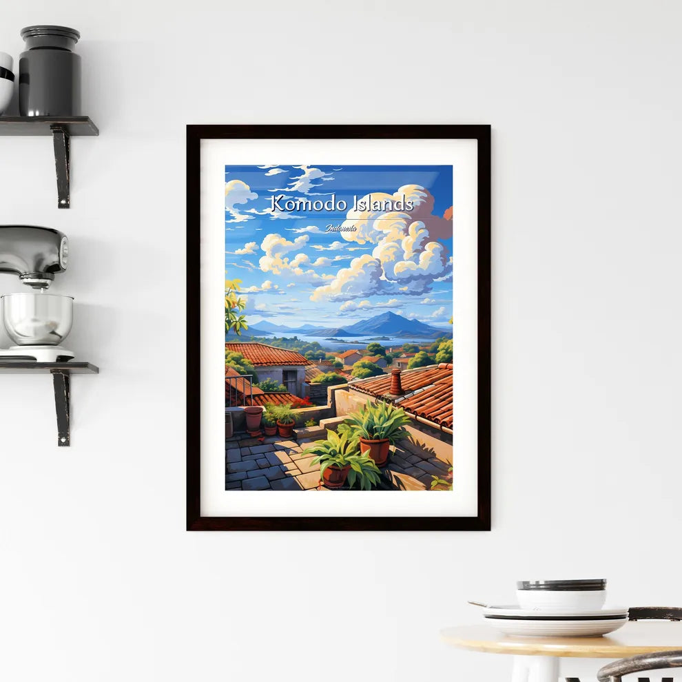 On the roofs of Komodo Islands, Indonesia - Art print of a rooftops of a town with a mountain and a body of water Custom Print