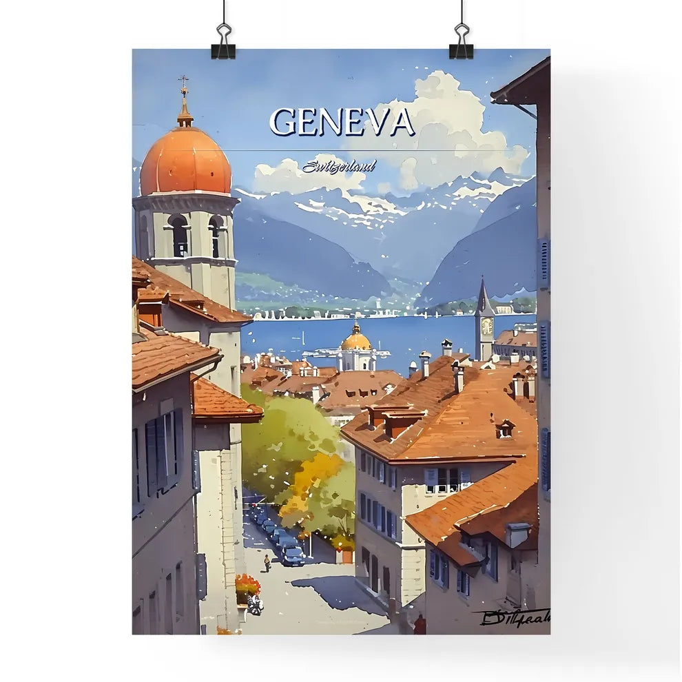 Geneva, Switzerland, - Art print of a view of a town from a window Poster
