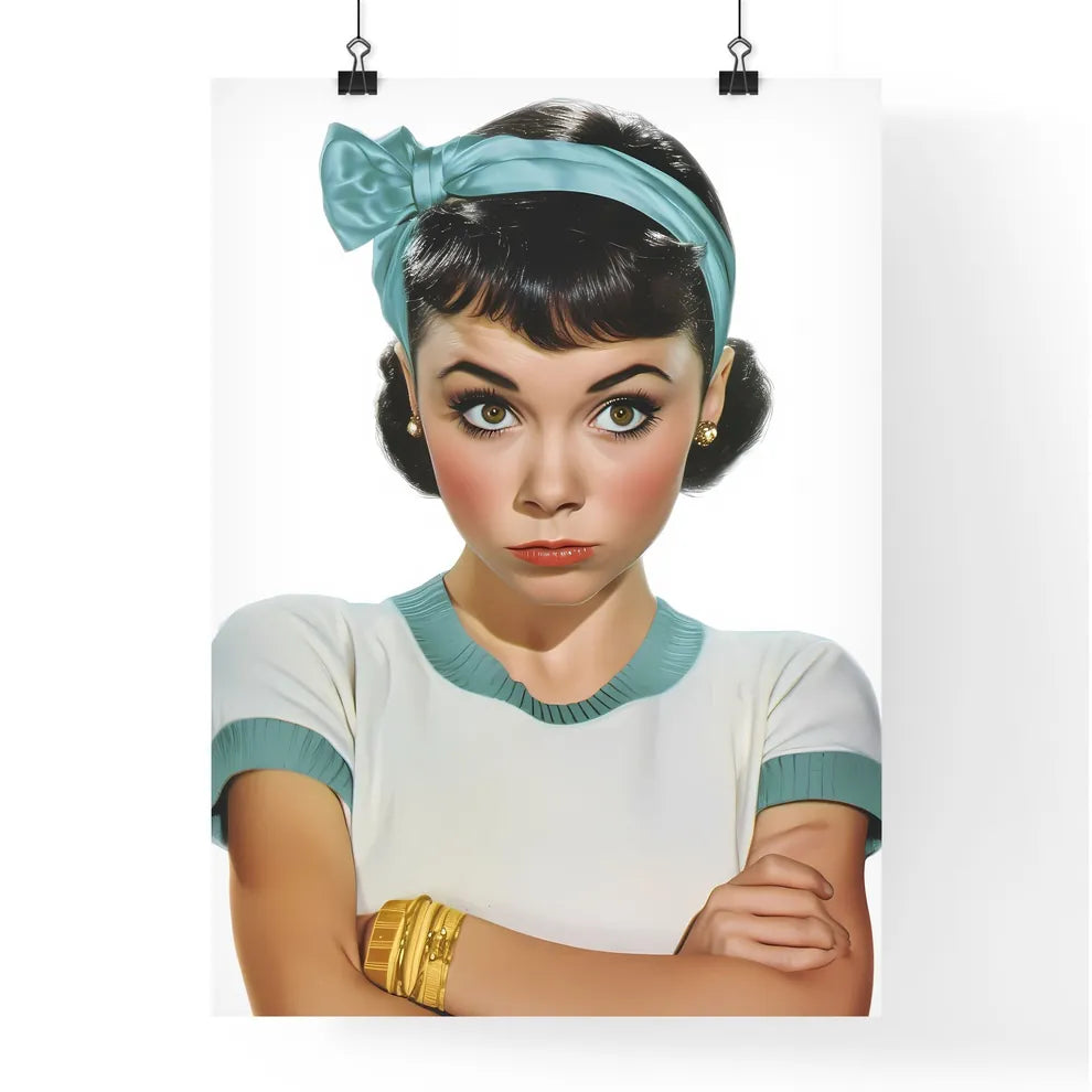 Fashion girl with white top and blue short ripped jeans - Art print of a woman with a bow on her head Default Title