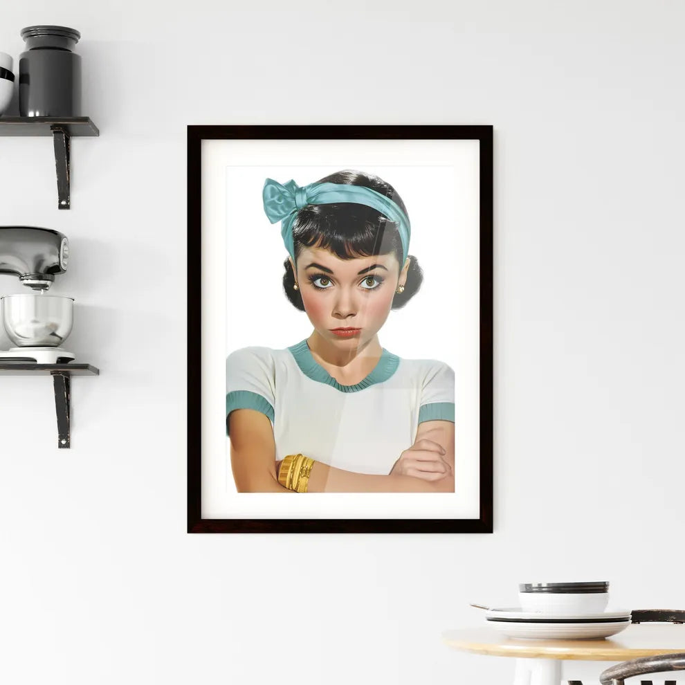 Fashion girl with white top and blue short ripped jeans - Art print of a woman with a bow on her head Default Title