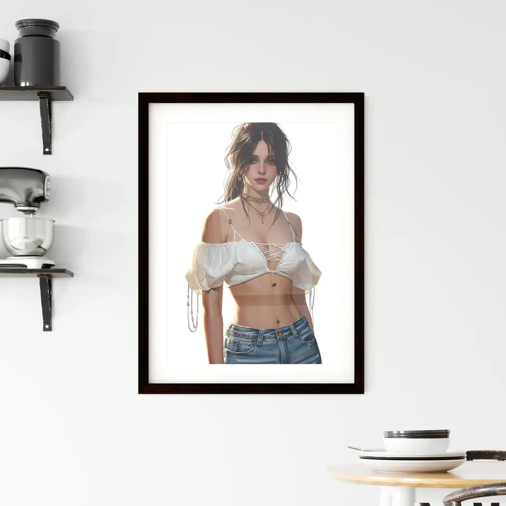 Fashion girl with white top and blue short r Framed Print