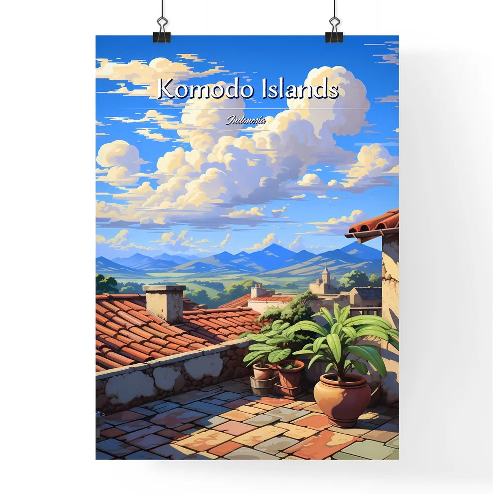 On the roofs of Komodo Islands, Indonesia - Art print of a rooftop of a building with plants and a valley in the background Poster