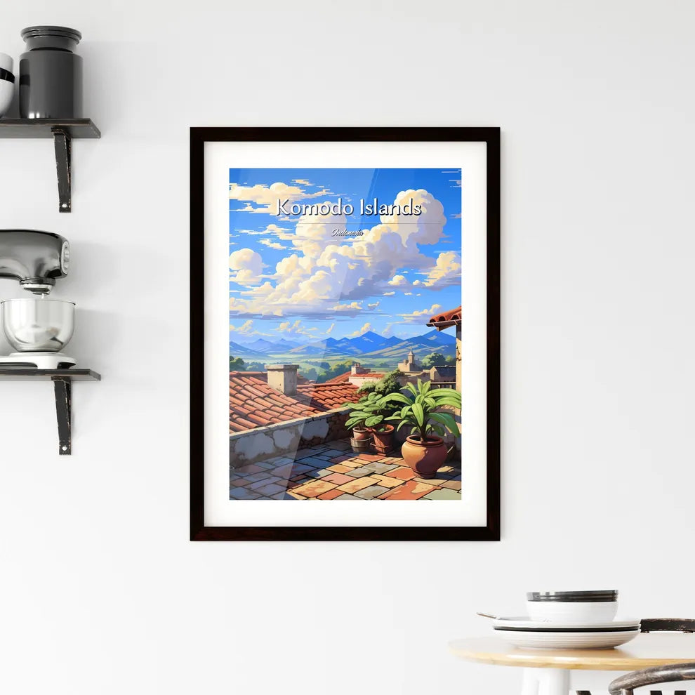 On the roofs of Komodo Islands, Indonesia - Art print of a rooftop of a building with plants and a valley in the background Custom Print