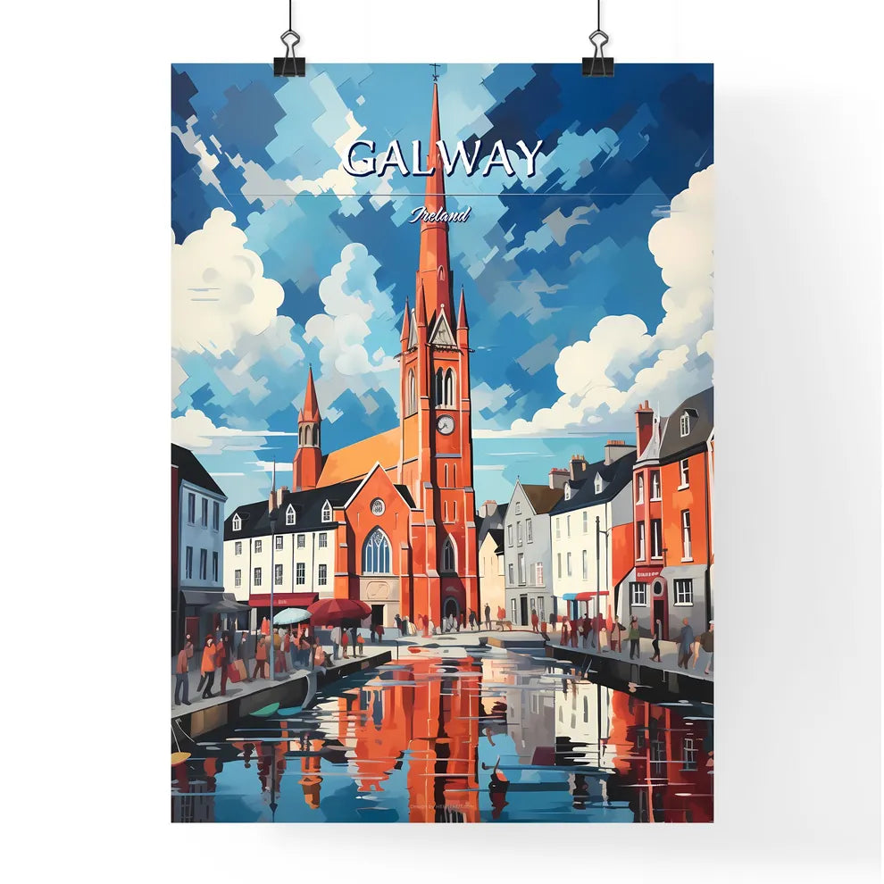 Galway, Ireland - Art print of a church with a tower and people walking around Poster