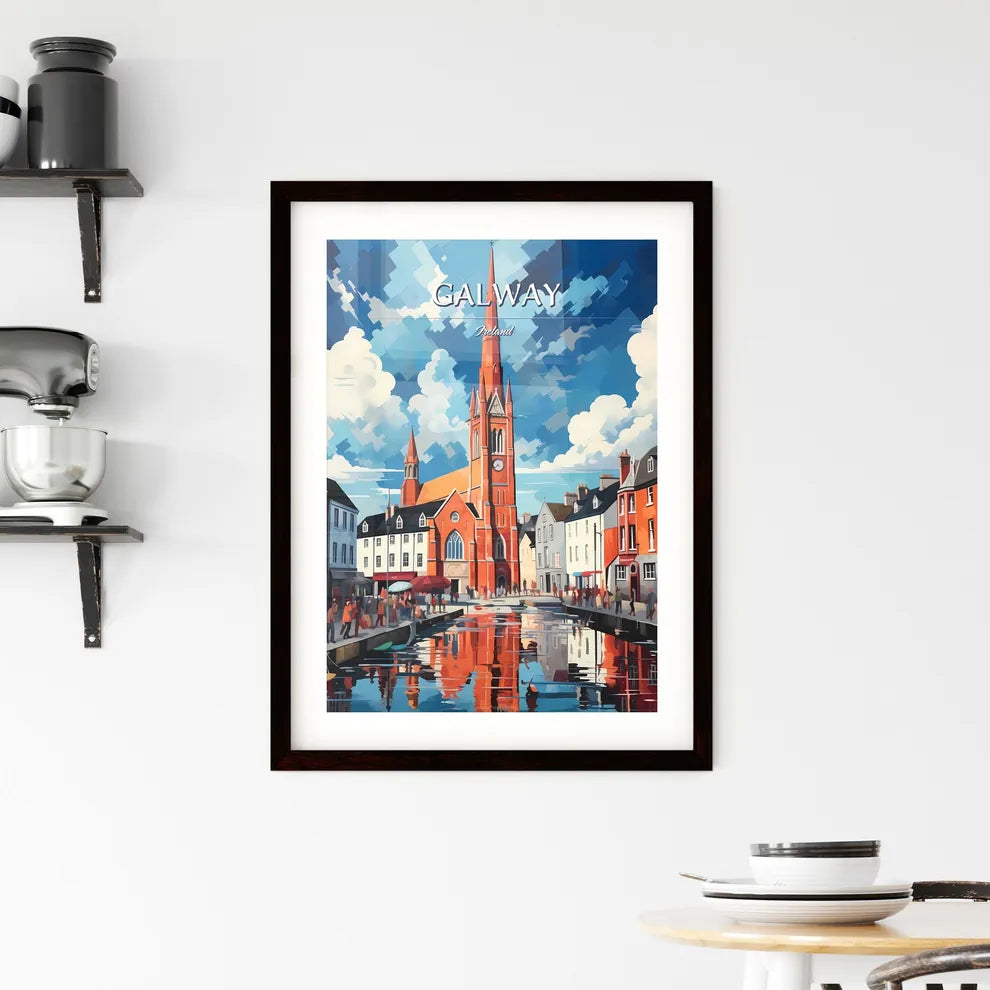 Galway, Ireland - Art print of a church with a tower and people walking around Custom Print