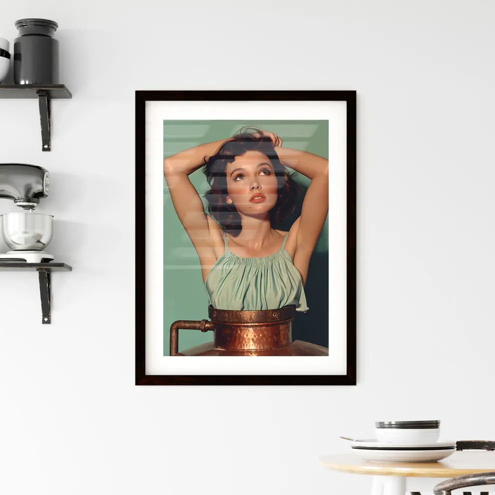 50's pin up girl sitting on top of a copper  Framed Print