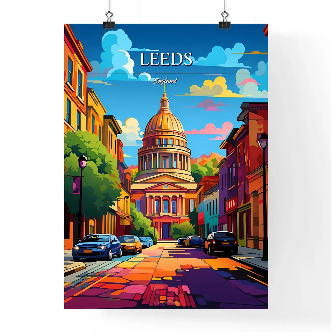 Leeds, England - Art print of a street with cars and a building Poster