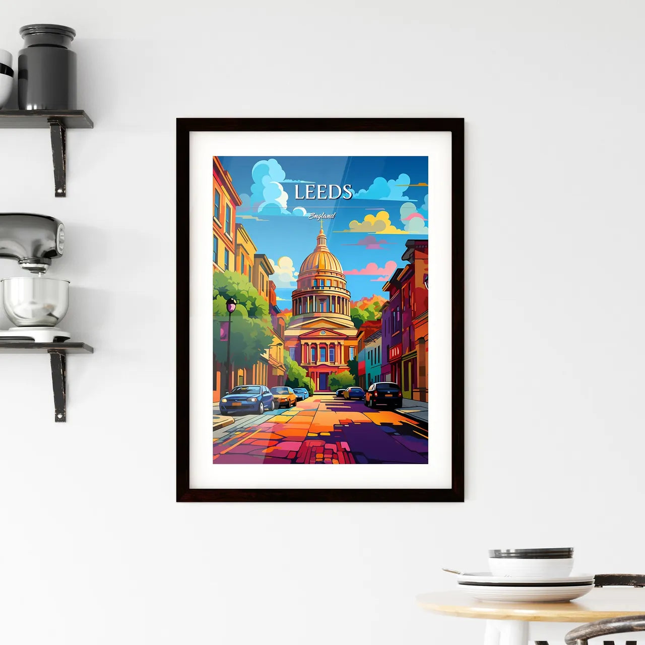 Leeds, England - Art print of a street with cars and a building Custom Print