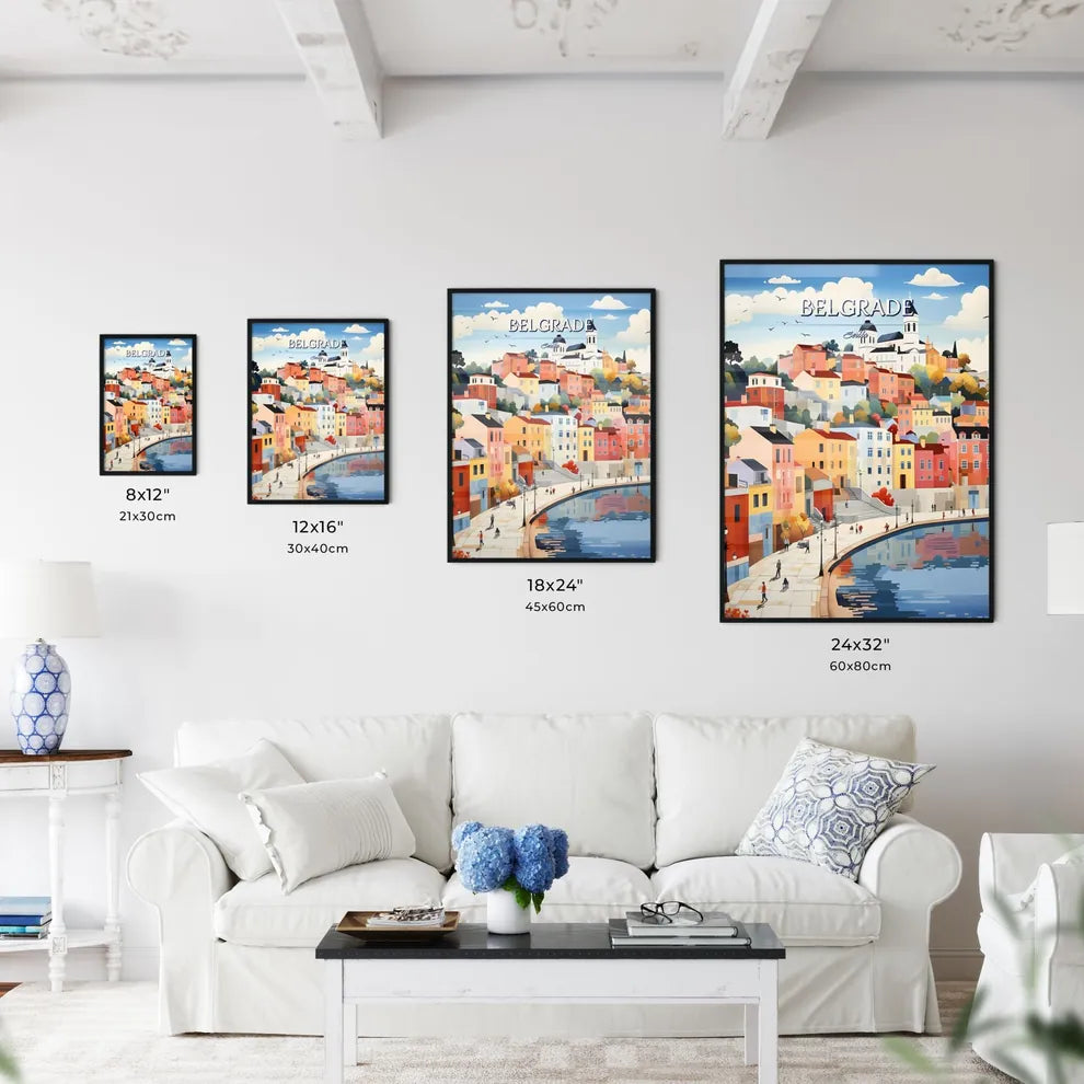 Belgrade, Serbia - Art print of a painting of a town by a body of water Size Chart