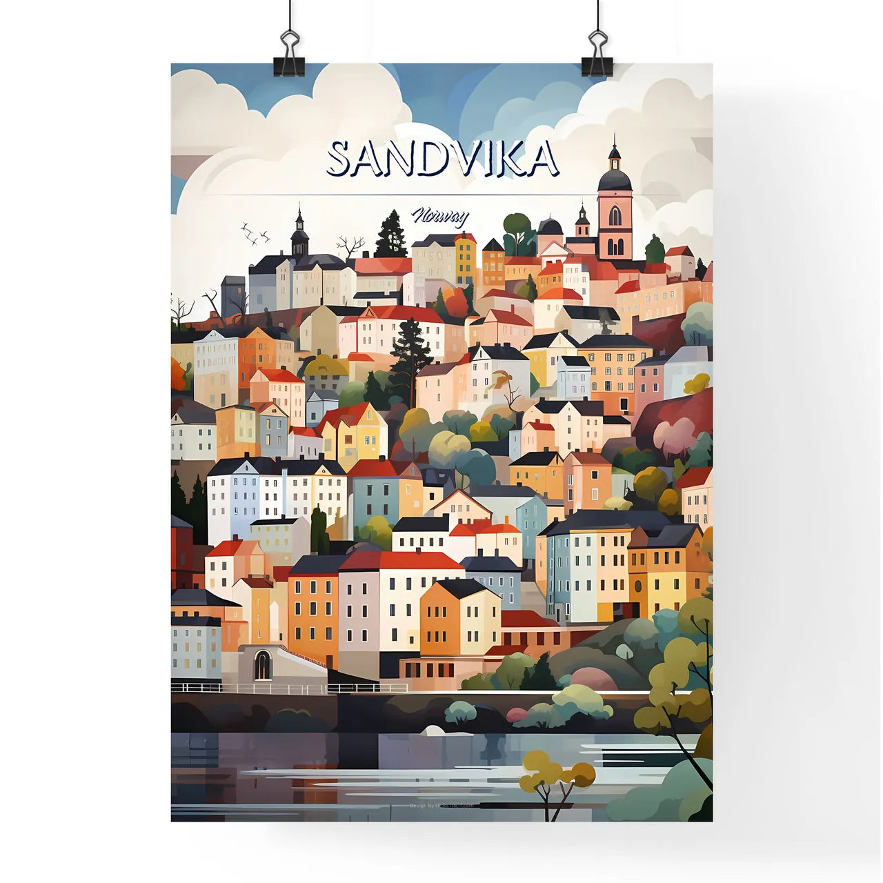 Sandvika, Norway - Art print of a colorful city landscape with trees and buildings Poster